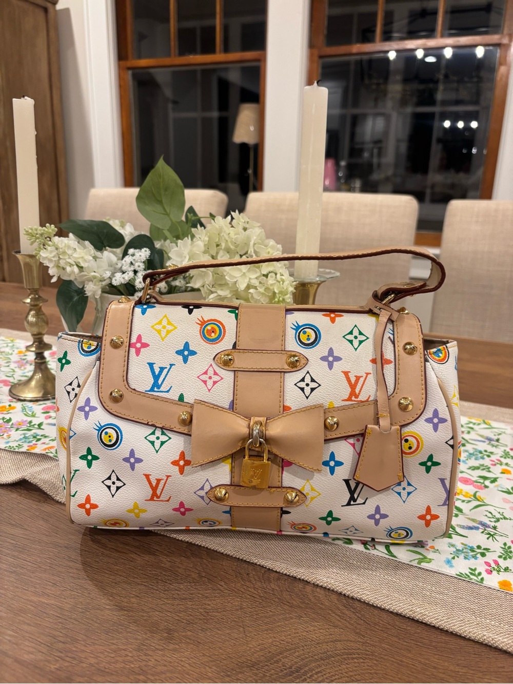 Louis Vuitton White Multicolor Monogram Canvas Shoulder Bag with Bow